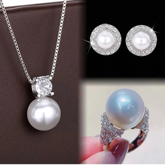 ❤️Elegant Aesthetic Jewelry Set -Women Pearl Necklace Earrings & Ring NIB Gift - Picture 2 of 4